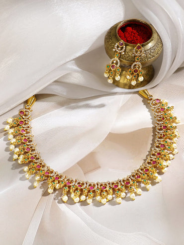 Rubans 22K Gold-Plated Ruby Red & Emerald Green Stone Studded Pearl Beaded Traditional Necklace Set Jewellery Set