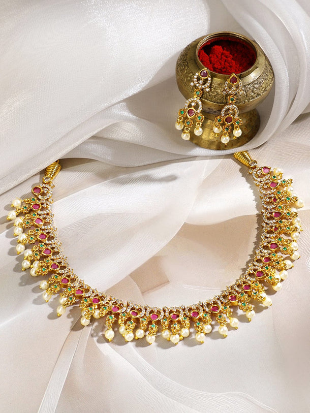 Rubans 22K Gold-Plated Ruby Red & Emerald Green Stone Studded Pearl Beaded Traditional Necklace Set Jewellery Set