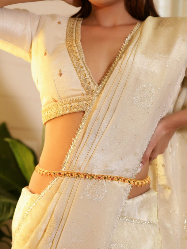 Rubans 22K Gold-Plated Ruby Red & Emerald Green Stone Studded Traditional Kamarbandh Saree Accessories