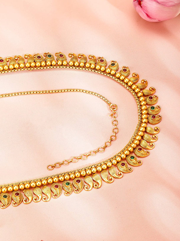 Rubans 22K Gold-Plated Ruby Red & Emerald Green Stone Studded Traditional Kamarbandh Saree Accessories