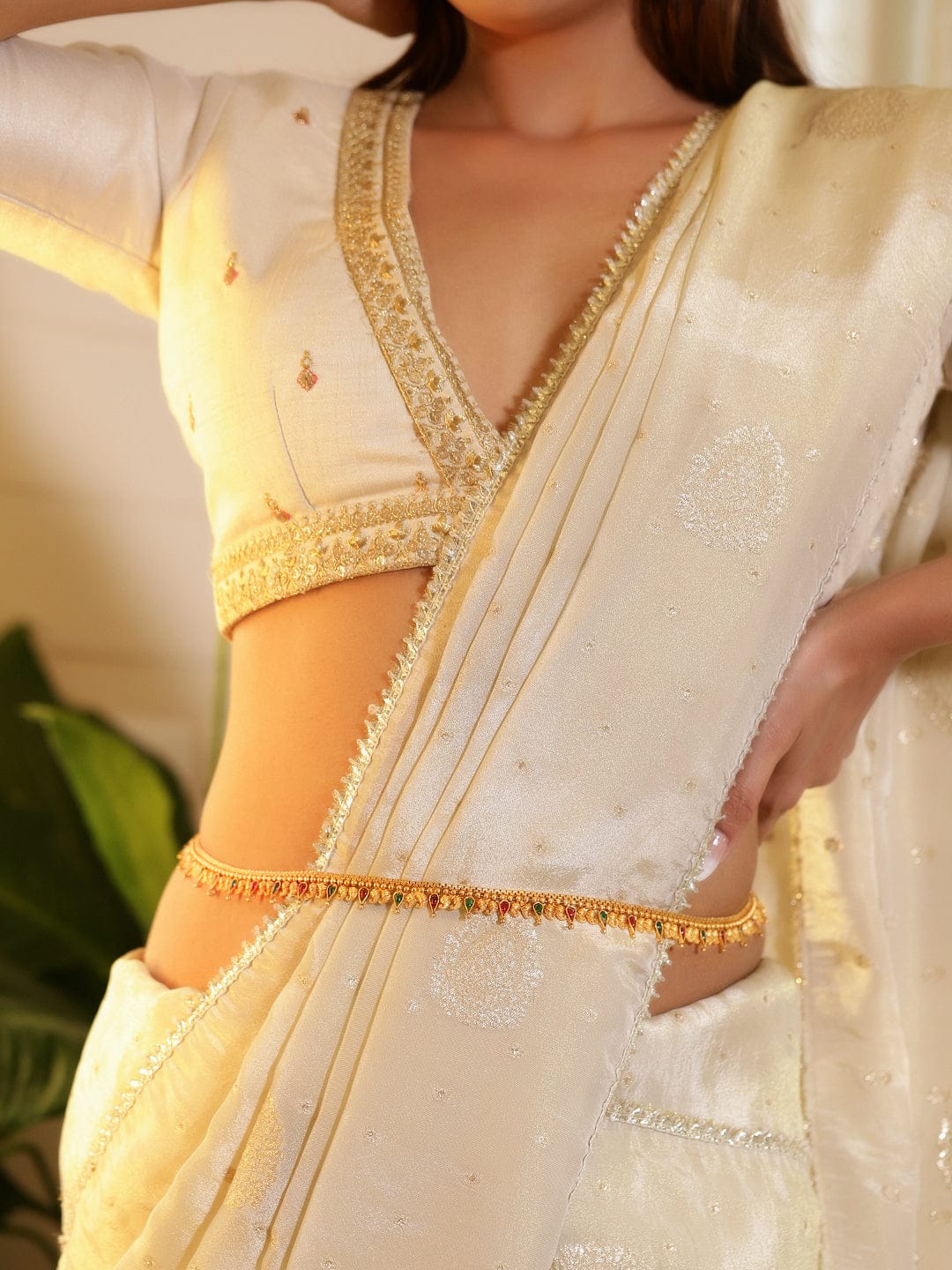 Rubans 22K Gold-Plated Ruby Red & Emerald Green Stone Studded Traditional Kamarbandh Saree Accessories