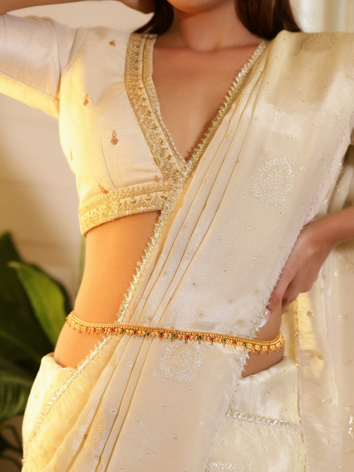 Rubans 22K Gold-Plated Ruby Red & Emerald Green Stone Studded Traditional Kamarbandh Saree Accessories