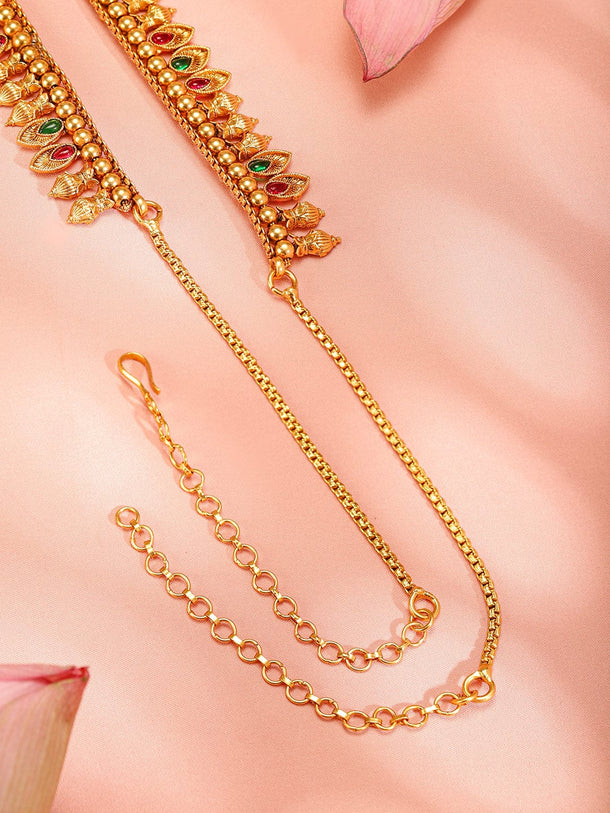 Rubans 22K Gold-Plated Ruby Red & Emerald Green Stone Studded Traditional Kamarbandh Saree Accessories