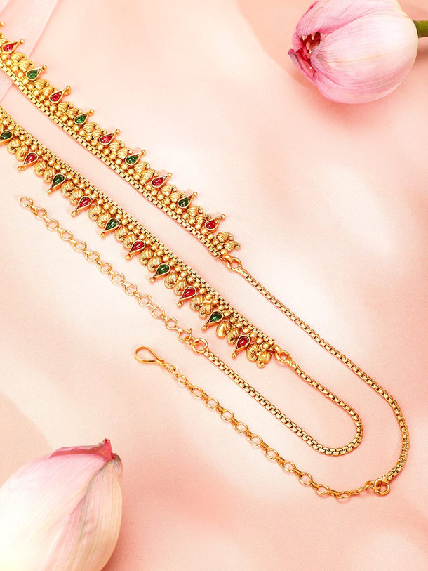 Rubans 22K Gold-Plated Ruby Red & Emerald Green Stone Studded Traditional Kamarbandh Saree Accessories