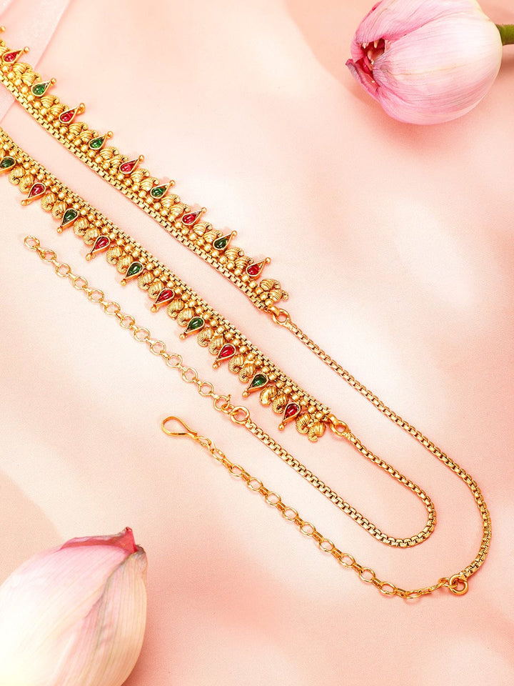 Rubans 22K Gold-Plated Ruby Red & Emerald Green Stone Studded Traditional Kamarbandh Saree Accessories