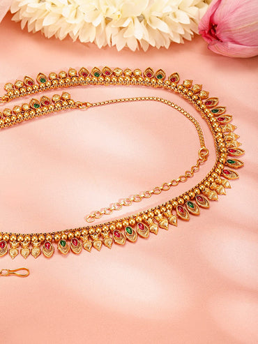 Rubans 22K Gold-Plated Ruby Red & Emerald Green Stone Studded Traditional Kamarbandh Saree Accessories