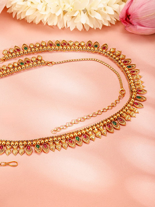 Rubans 22K Gold-Plated Ruby Red & Emerald Green Stone Studded Traditional Kamarbandh Saree Accessories