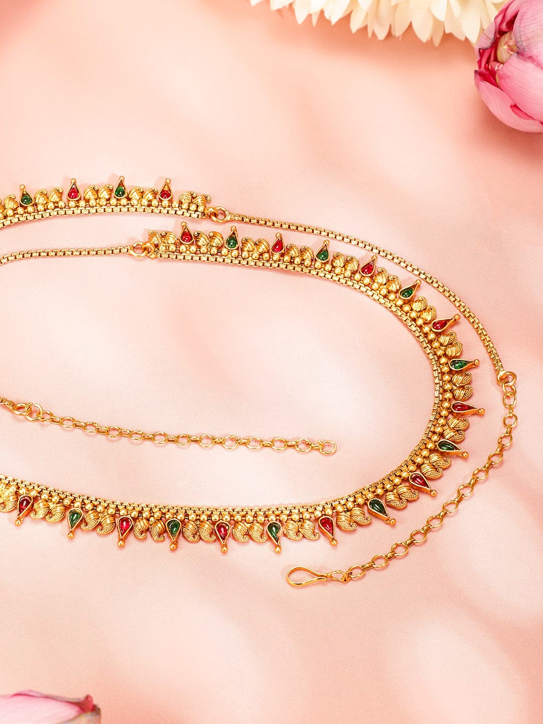 Rubans 22K Gold-Plated Ruby Red & Emerald Green Stone Studded Traditional Kamarbandh Saree Accessories