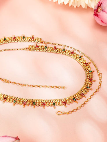Rubans 22K Gold-Plated Ruby Red & Emerald Green Stone Studded Traditional Kamarbandh Saree Accessories