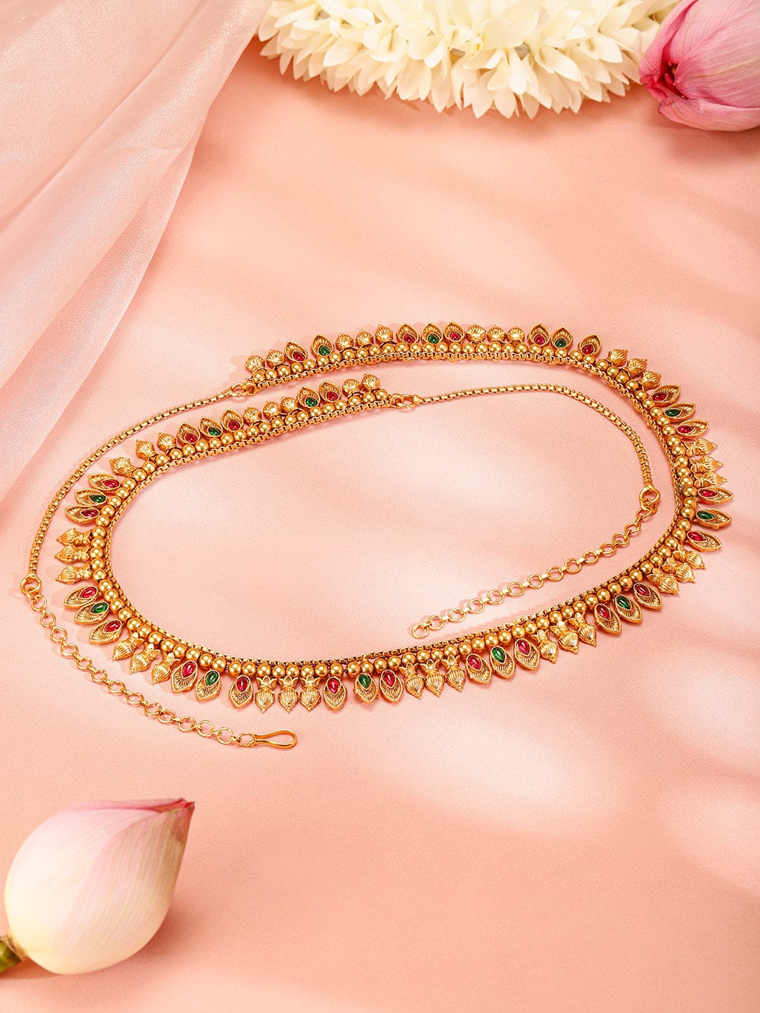 Rubans 22K Gold-Plated Ruby Red & Emerald Green Stone Studded Traditional Kamarbandh Saree Accessories