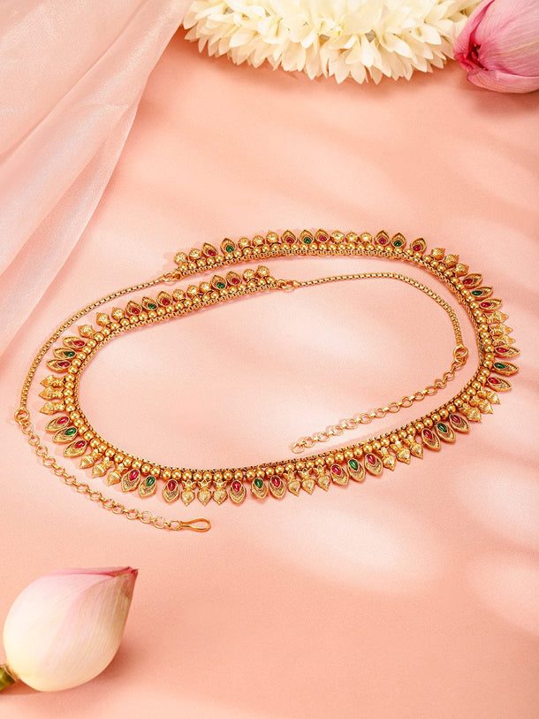 Rubans 22K Gold-Plated Ruby Red & Emerald Green Stone Studded Traditional Kamarbandh Saree Accessories