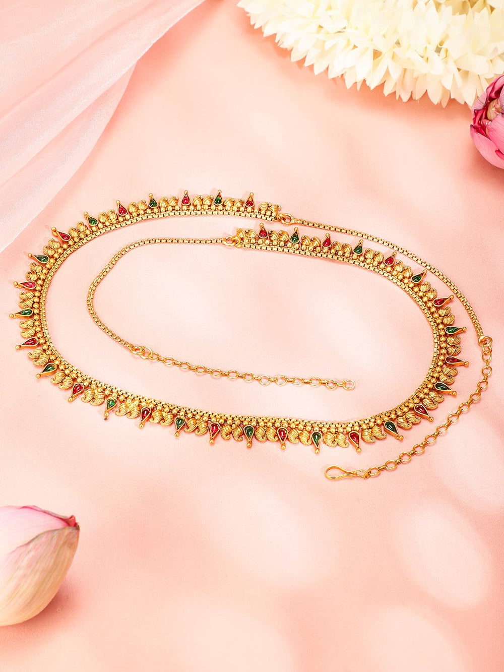 Rubans 22K Gold-Plated Ruby Red & Emerald Green Stone Studded Traditional Kamarbandh Saree Accessories