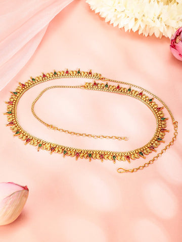 Rubans 22K Gold-Plated Ruby Red & Emerald Green Stone Studded Traditional Kamarbandh Saree Accessories