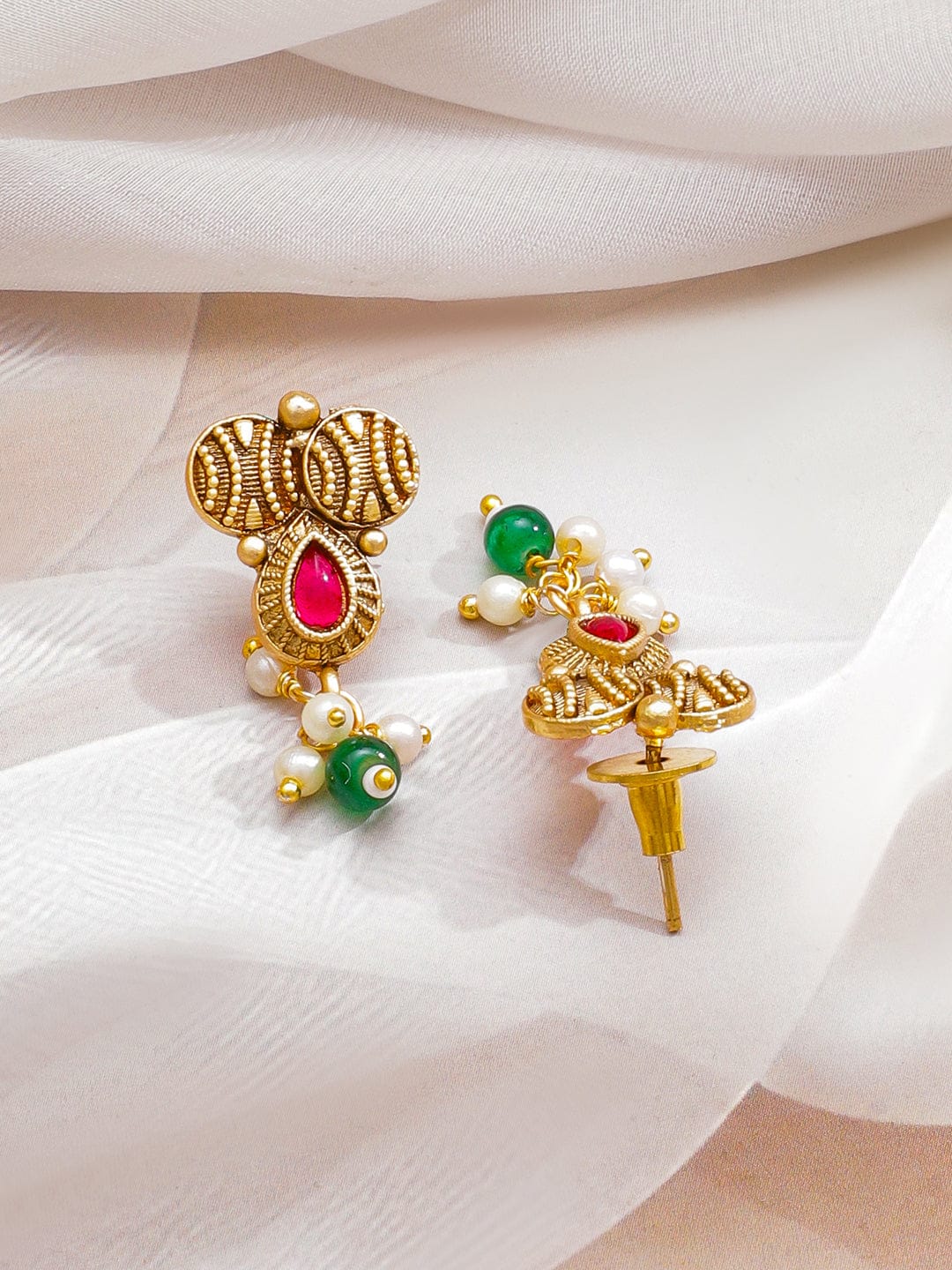 Rubans 22K Gold-Plated Ruby Red & Emerald Green Stone Studded White & Green Pearl Beaded Traditional Handcrafted Necklace Set Jewellery Set