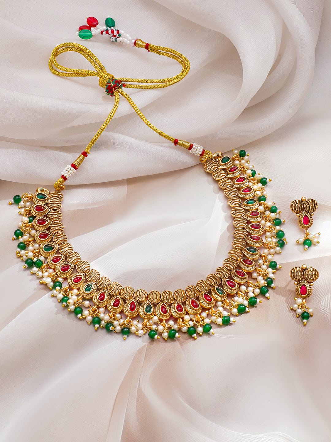 Rubans 22K Gold-Plated Ruby Red & Emerald Green Stone Studded White & Green Pearl Beaded Traditional Handcrafted Necklace Set Jewellery Set