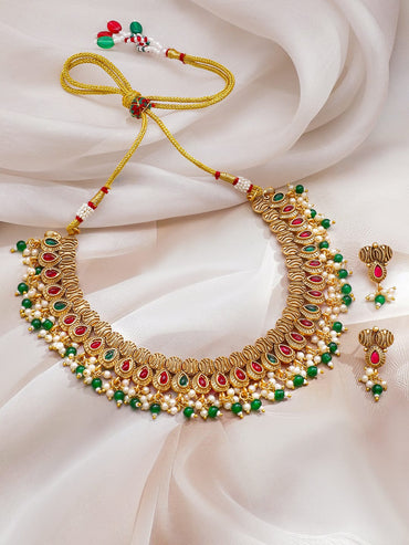 Rubans 22K Gold-Plated Ruby Red & Emerald Green Stone Studded White & Green Pearl Beaded Traditional Handcrafted Necklace Set Jewellery Set