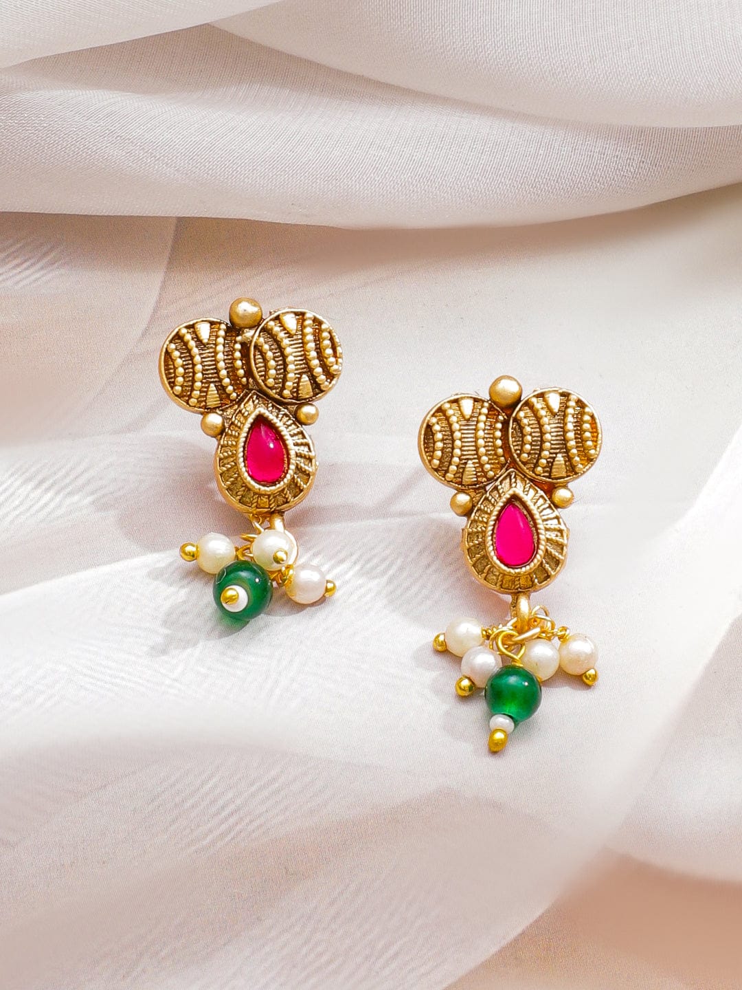 Rubans 22K Gold-Plated Ruby Red & Emerald Green Stone Studded White & Green Pearl Beaded Traditional Handcrafted Necklace Set Jewellery Set