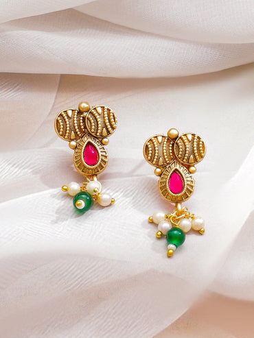 Rubans 22K Gold-Plated Ruby Red & Emerald Green Stone Studded White & Green Pearl Beaded Traditional Handcrafted Necklace Set Jewellery Set