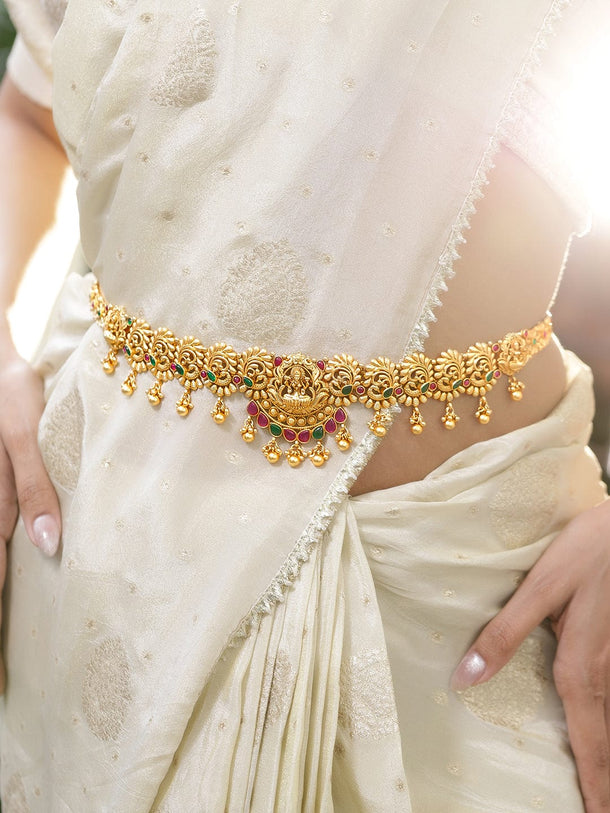 Rubans 22K Gold-Plated Ruby Red & Emerald Green Stone Temple Waist Chain Kamarbandh with Pearl Drops Saree Accessories
