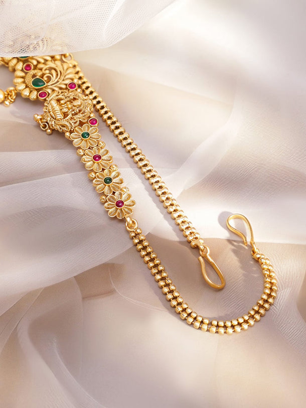 Rubans 22K Gold-Plated Ruby Red & Emerald Green Stone Temple Waist Chain Kamarbandh with Pearl Drops Saree Accessories
