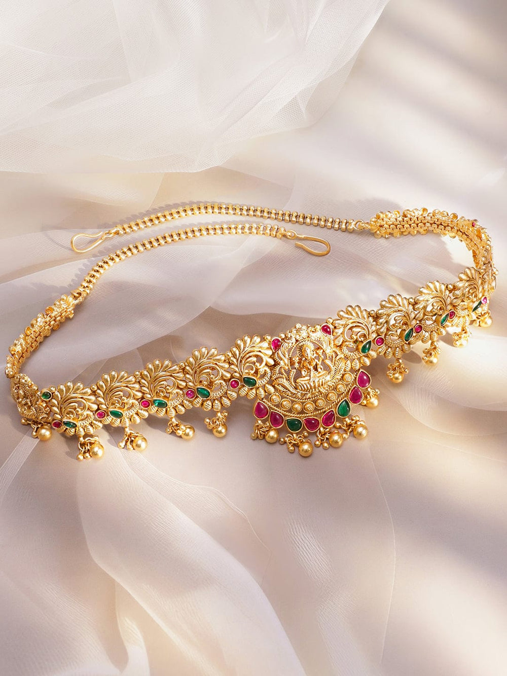 Rubans 22K Gold-Plated Ruby Red & Emerald Green Stone Temple Waist Chain Kamarbandh with Pearl Drops Saree Accessories
