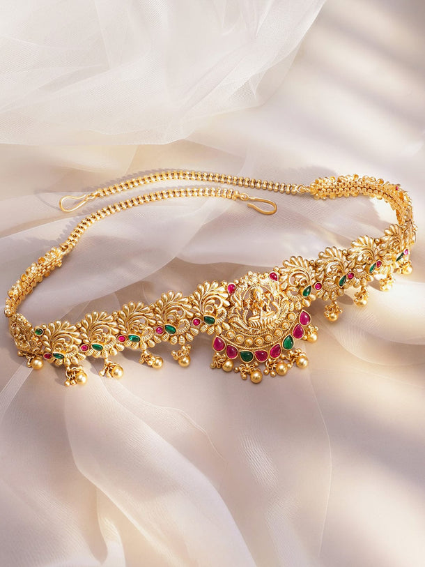 Rubans 22K Gold-Plated Ruby Red & Emerald Green Stone Temple Waist Chain Kamarbandh with Pearl Drops Saree Accessories