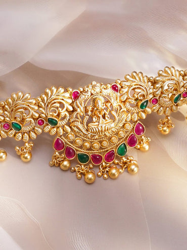 Rubans 22K Gold-Plated Ruby Red & Emerald Green Stone Temple Waist Chain Kamarbandh with Pearl Drops Saree Accessories