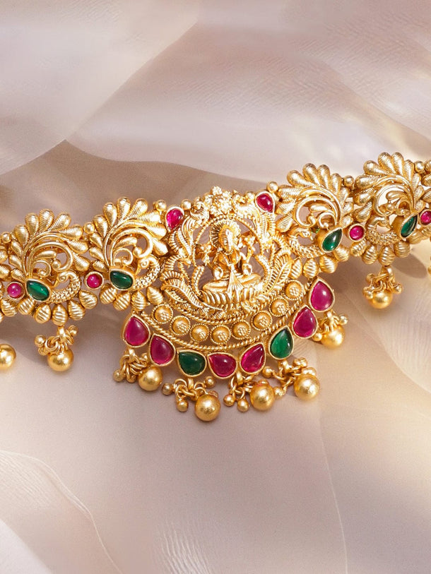 Rubans 22K Gold-Plated Ruby Red & Emerald Green Stone Temple Waist Chain Kamarbandh with Pearl Drops Saree Accessories
