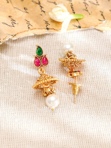 Rubans 22K Gold-Plated Ruby Red & Emerald Green Stone Traditional Pearl Drop Jewellery Set Jewellery Set