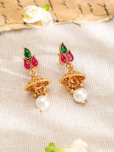 Rubans 22K Gold-Plated Ruby Red & Emerald Green Stone Traditional Pearl Drop Jewellery Set Jewellery Set