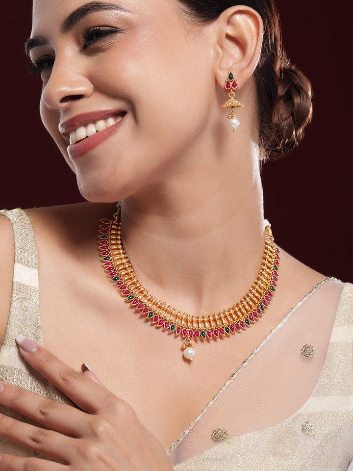 Rubans 22K Gold-Plated Ruby Red & Emerald Green Stone Traditional Pearl Drop Jewellery Set Necklace Set