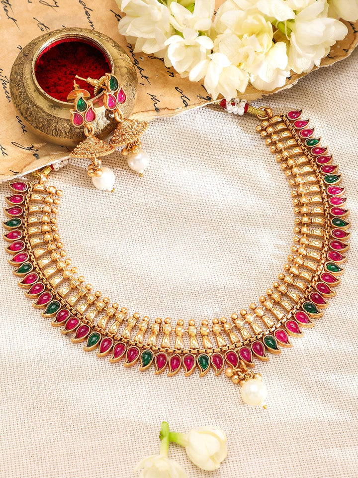 Rubans 22K Gold-Plated Ruby Red & Emerald Green Stone Traditional Pearl Drop Jewellery Set Necklace Set