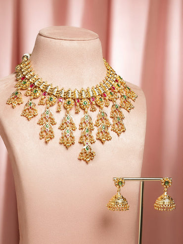 Rubans 22K Gold-Plated Ruby Red & Emerald Green Stones and Glossy Golden Beads Layering Necklace Set Jewellery Set