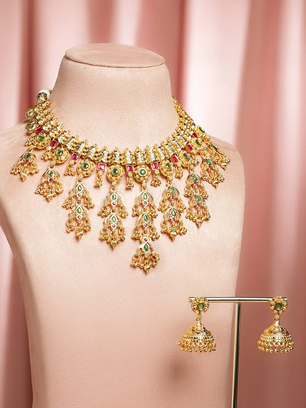 Rubans 22K Gold-Plated Ruby Red & Emerald Green Stones and Glossy Golden Beads Layering Necklace Set Jewellery Set