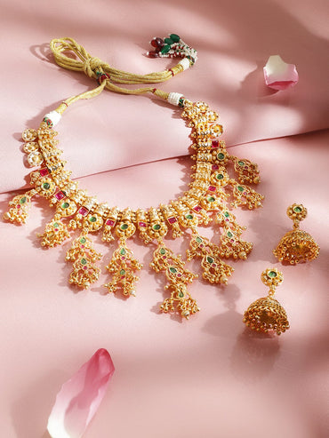 Rubans 22K Gold-Plated Ruby Red & Emerald Green Stones and Glossy Golden Beads Layering Necklace Set Jewellery Set