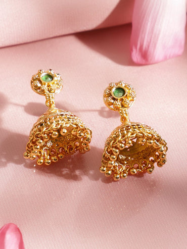 Rubans 22K Gold-Plated Ruby Red & Emerald Green Stones and Glossy Golden Beads Layering Necklace Set Jewellery Set