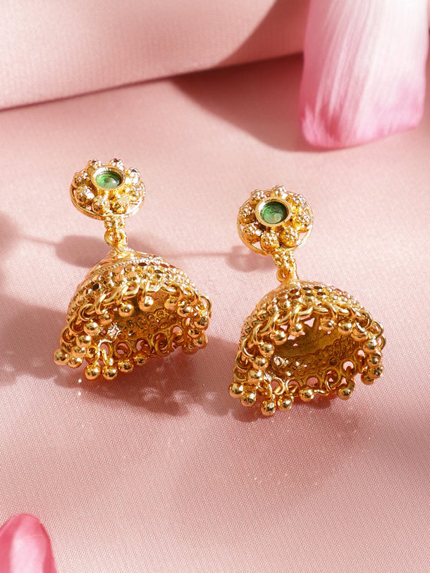 Rubans 22K Gold-Plated Ruby Red & Emerald Green Stones and Glossy Golden Beads Layering Necklace Set Jewellery Set