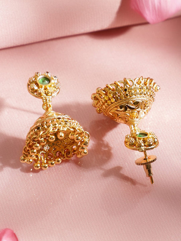 Rubans 22K Gold-Plated Ruby Red & Emerald Green Stones and Glossy Golden Beads Layering Necklace Set Jewellery Set