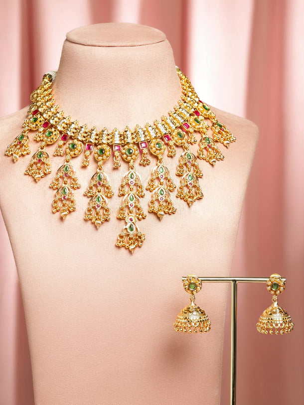 Rubans 22K Gold-Plated Ruby Red & Emerald Green Stones and Glossy Golden Beads Layering Necklace Set Jewellery Set