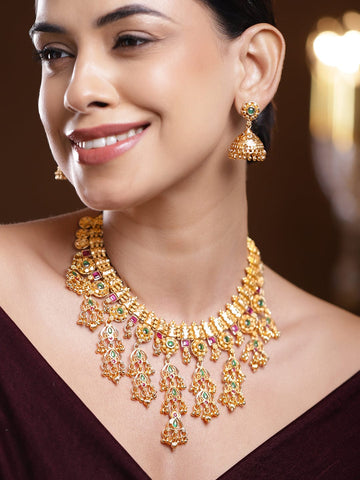 Rubans 22K Gold-Plated Ruby Red & Emerald Green Stones and Glossy Golden Beads Layering Necklace Set Necklace Set