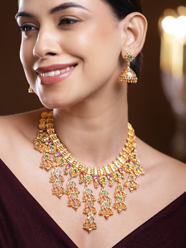 Rubans 22K Gold-Plated Ruby Red & Emerald Green Stones and Glossy Golden Beads Layering Necklace Set Necklace Set