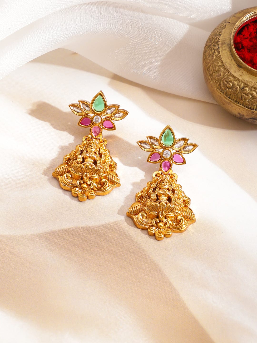 Rubans 22K Gold-Plated Ruby Red & Emerald Green Stones, Beads Temple Floral Choker Necklace Set Jewellery Set