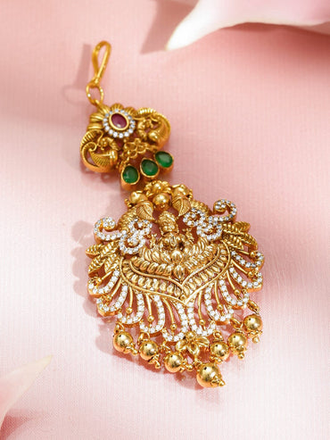 Rubans 22K Gold-Plated Ruby Red, Emerald Green & White Cubic Zirconia Temple Lakshmi Maang Tikka Head Jewellery