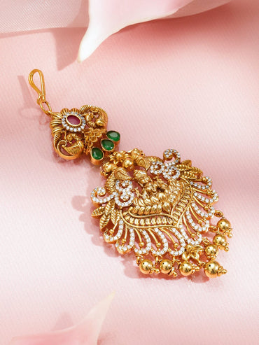 Rubans 22K Gold-Plated Ruby Red, Emerald Green & White Cubic Zirconia Temple Lakshmi Maang Tikka Head Jewellery