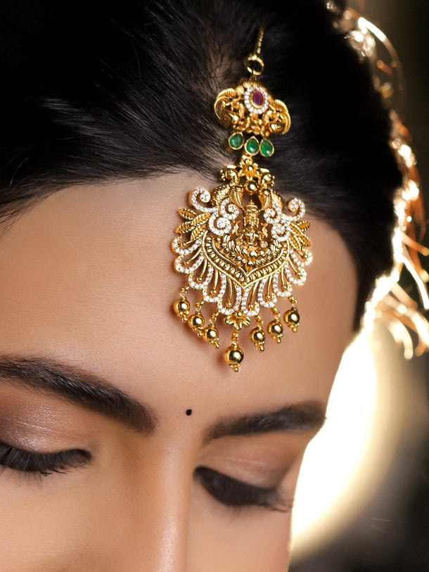 Rubans 22K Gold-Plated Ruby Red, Emerald Green & White Cubic Zirconia Temple Lakshmi Maang Tikka Head Jewellery