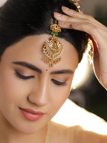 Rubans 22K Gold-Plated Ruby Red, Emerald Green & White Cubic Zirconia Temple Lakshmi Maang Tikka Head Jewellery
