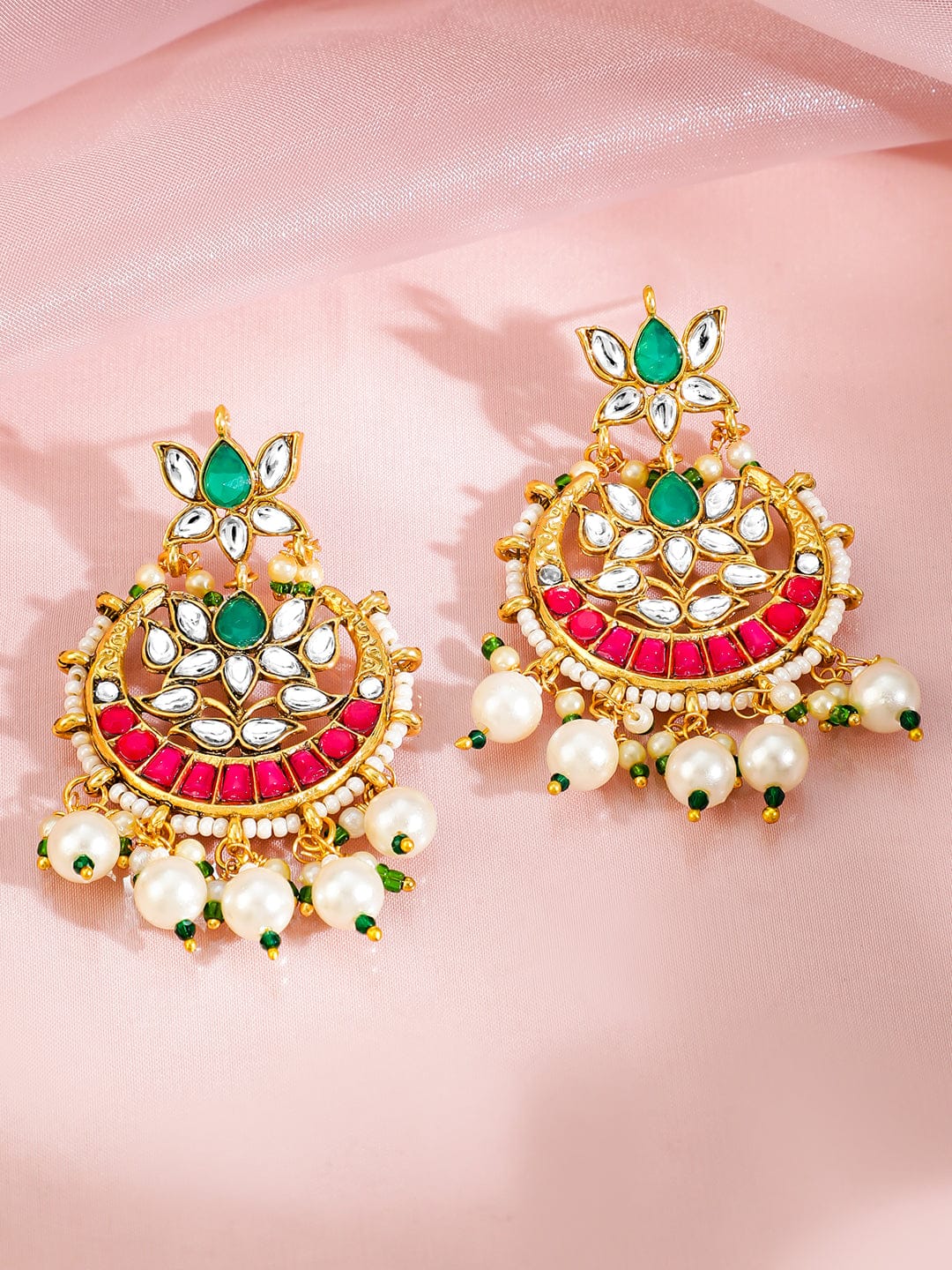 Rubans 22K Gold-Plated Ruby Red & Emerald Kundan Beaded Pearl Ethnic Traditional Jewellery Set Jewellery Set