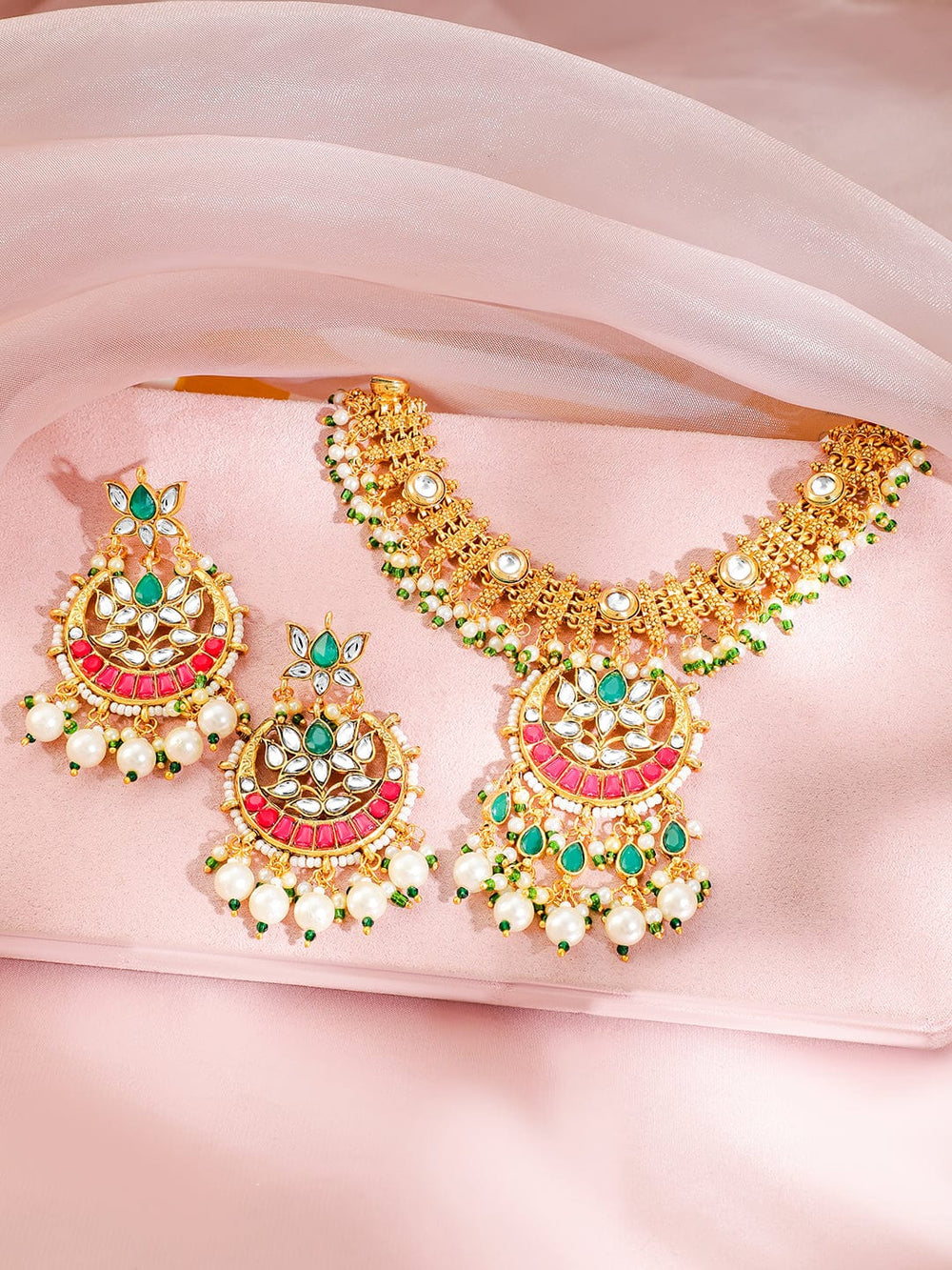 Rubans 22K Gold-Plated Ruby Red & Emerald Kundan Beaded Pearl Ethnic Traditional Jewellery Set Necklace Set