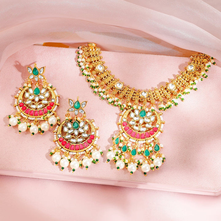 Rubans 22K Gold-Plated Ruby Red & Emerald Kundan Beaded Pearl Ethnic Traditional Jewellery Set Necklace Set