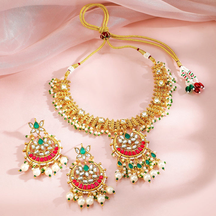 Rubans 22K Gold-Plated Ruby Red & Emerald Kundan Beaded Pearl Ethnic Traditional Jewellery Set Necklace Set